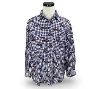 Vintage‎ Barn Fly Mens XL Blue Plaid Motorcycle Pearl Snap Western Flannel Shirt